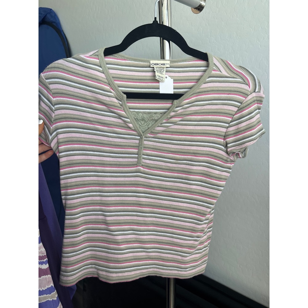 Y2K Vintage Baby Tee Striped Henley Lace Trim Ribbed Top Sage Pink L 10/12